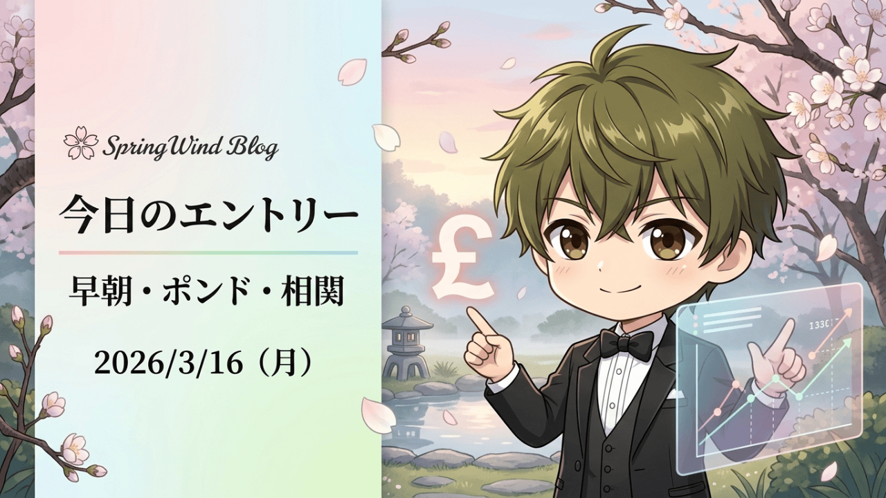 「SpringWind Blog」の「今日のエントリー」用アイキャッチ画像。早朝のポンド相関分析を解説するアニメキャラクターとホログラムFXチャート。背景は3月の桜と日本庭園。