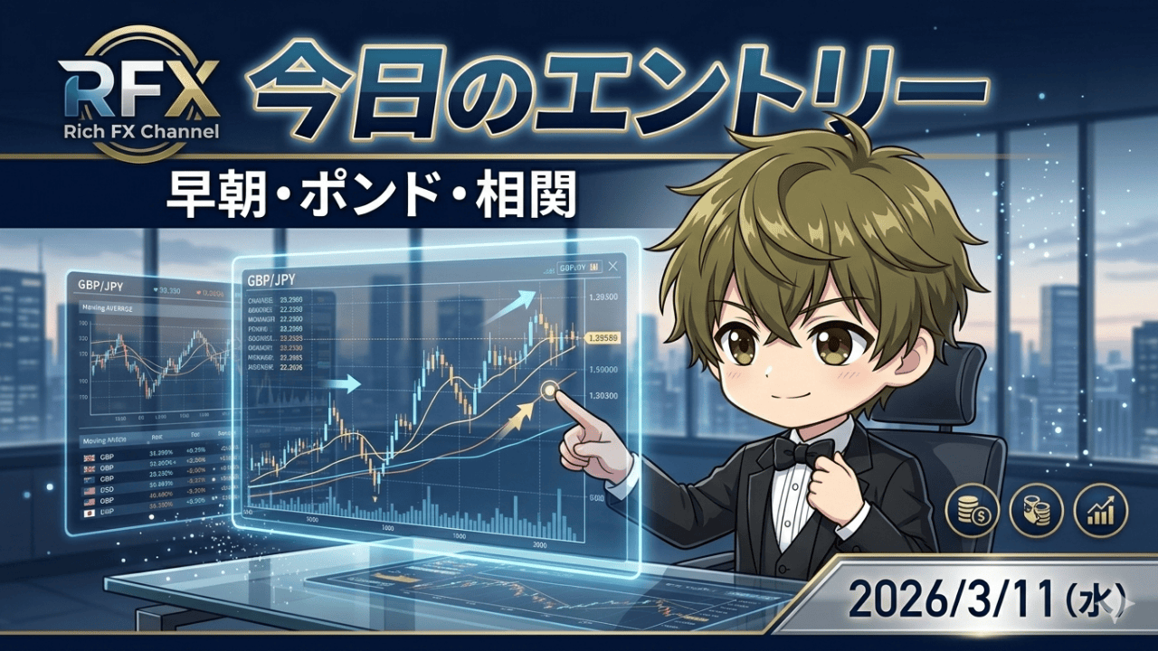 2026年3月11日（水）のFXトレード戦略。リッチFXチャンネルのキャラクターがチャートを指差し、早朝トレード、ポンド円、相関トレードの今日のエントリーポイントを解説するアイキャッチ画像。「今日のエントリー 早朝・ポンド・相関」の文字。