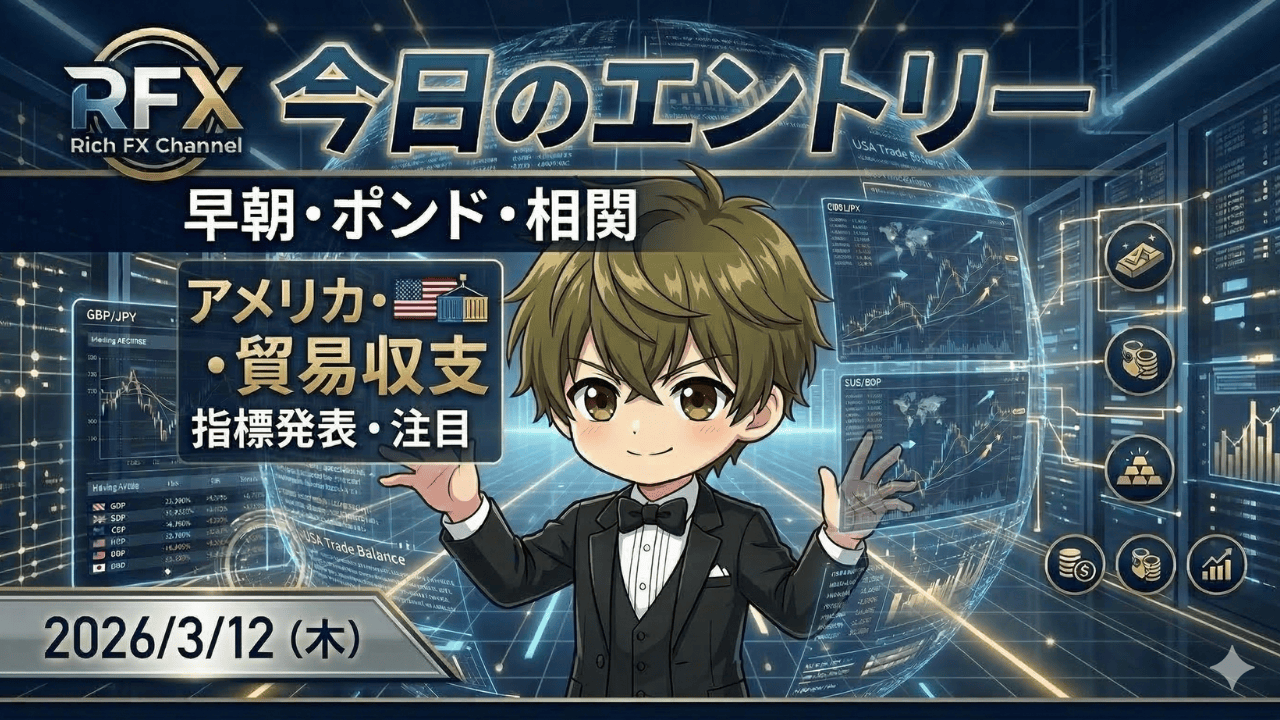 2026年3月12日（木）のFXトレード戦略。リッチFXチャンネルのキャラクターがチャートと共に、早朝トレード、ポンド円、相関トレードの今日のエントリーポイントを解説するアイキャッチ画像。「今日のエントリー 早朝・ポンド・相関」の文字。