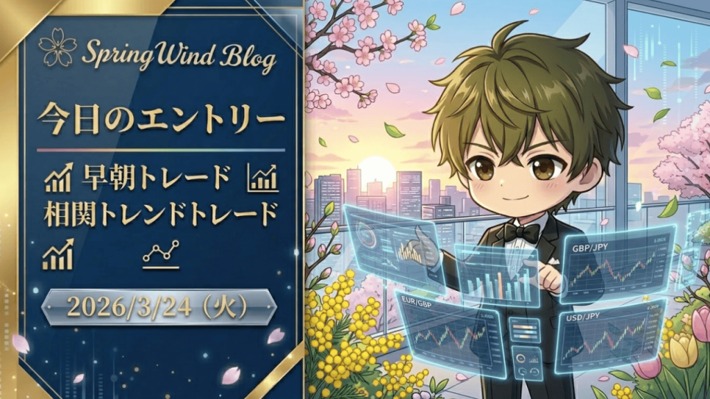 2026年3月24日のFX今日のエントリー。早朝トレードと相関トレンド分析による戦略イメージ