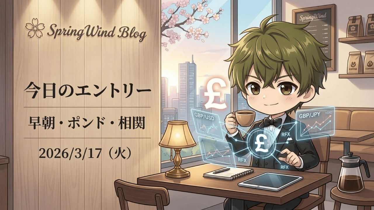 「SpringWind Blog」の2026年3月17日（火）「今日のエントリー」用FXブログアイキャッチ画像。カフェでコーヒーを飲むかわいい男の子のちびキャラが、GBP/USD、GBP/EUR、GBP/JPYのポンド相関関係を示すホログラフィックチャートを操作している。日の出と桜の風景。
