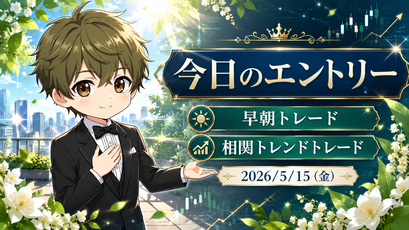 2026年5月15日（金）のFXブログ用アイキャッチ画像。今日のエントリー、早朝トレード、相関トレンドトレードの文字を大きく配置し、5月中旬らしい新緑と白い花、上昇チャートを背景に、やさしい表情の男性キャラクターが案内しているデザイン。