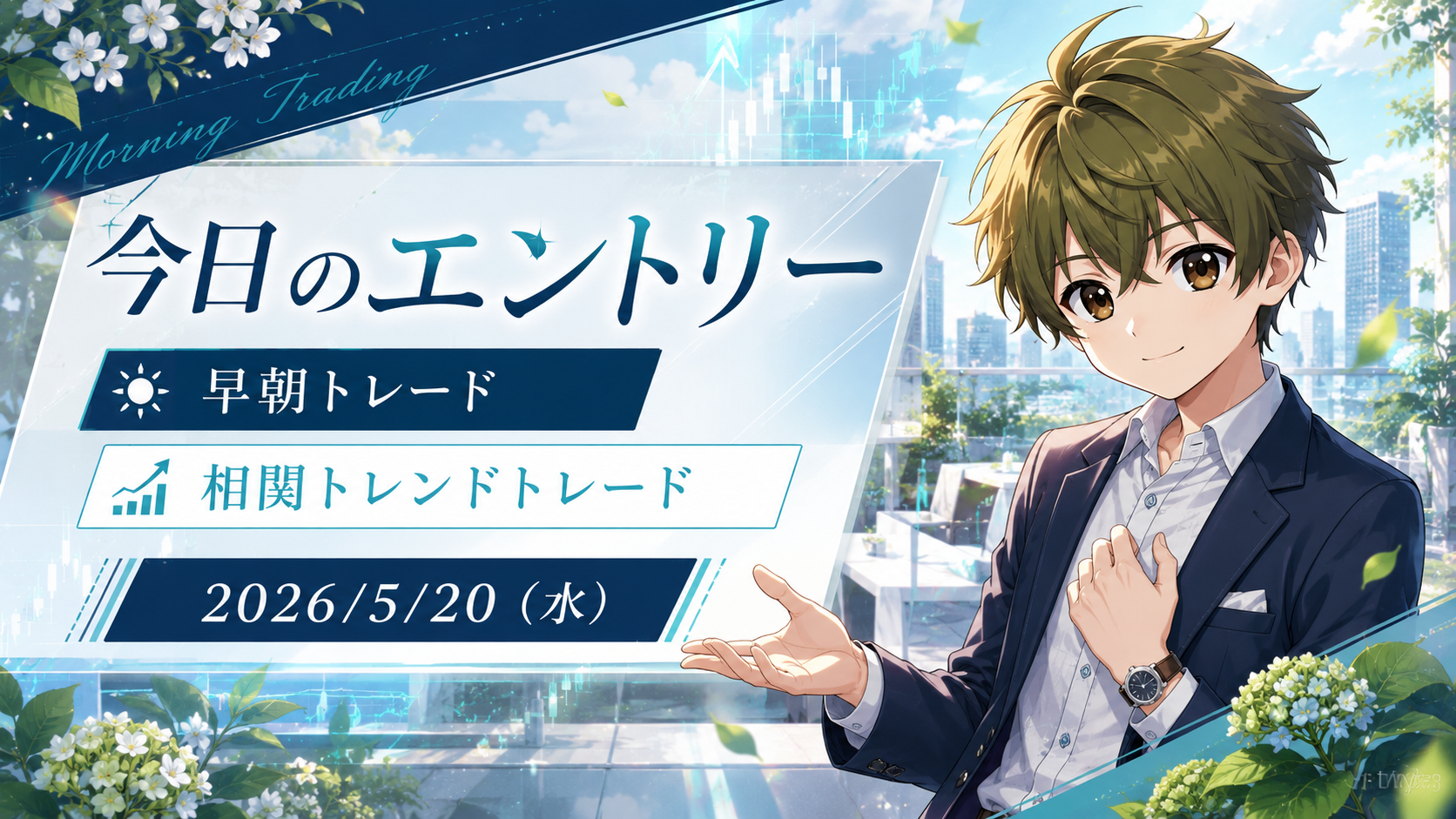 2026年5月20日（水）のFXブログ用アイキャッチ画像。今日のエントリー、早朝トレード、相関トレンドトレードの文字を大きく配置し、5月下旬らしい白い花と新緑、明るいテラスと都市背景、チャート演出を組み合わせ、やさしい表情の男性キャラクターが案内しているデザイン。