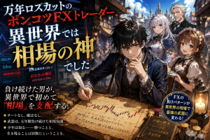 小説『万年ロスカットのポンコツFXトレーダー、異世界では相場の神でした』の表紙画像。主人公と異世界の仲間たち、ローソク足チャートの地図