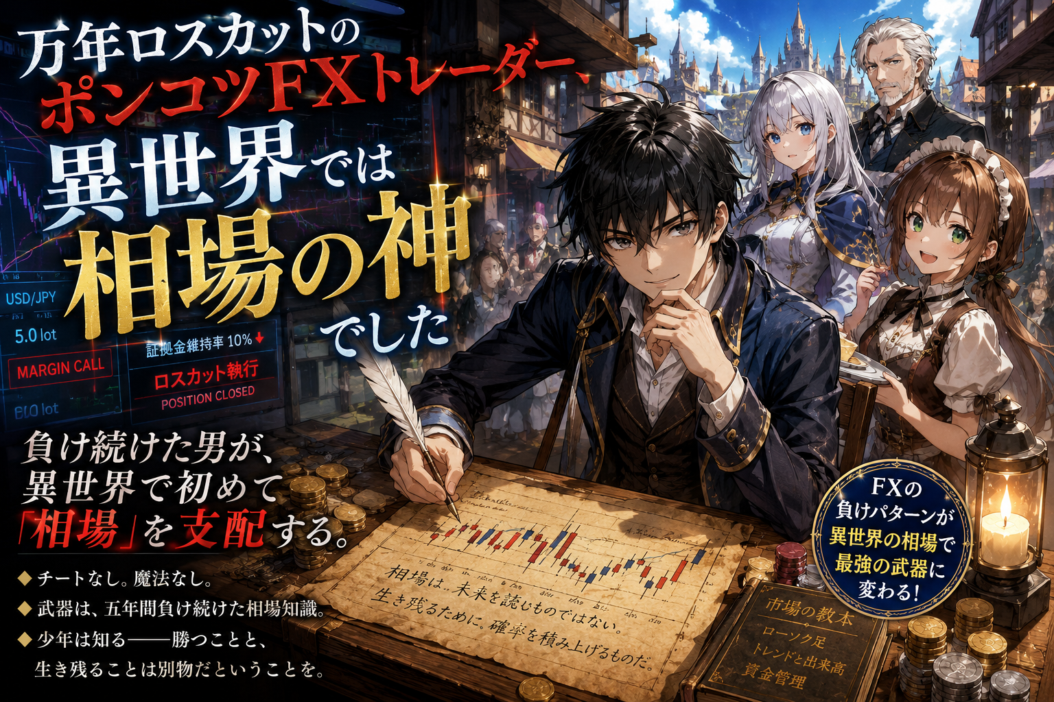 小説『万年ロスカットのポンコツFXトレーダー、異世界では相場の神でした』の表紙画像。主人公と異世界の仲間たち、ローソク足チャートの地図